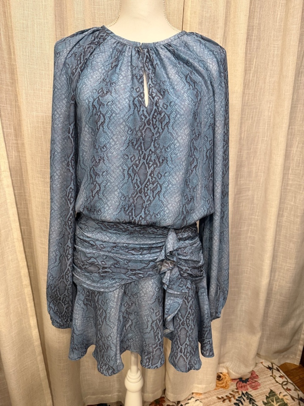 Ramy Brook Silk Snake Print Mini Dress Blue Gray Long Sleeve Ruched Waist